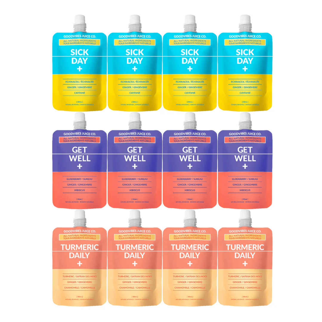 Goodvibes Juice Co. Mixer Pack 4 Get Well, 4 Turmeric Daily, 4 Sick Days (Pack of 12 x 50ml Pouches)